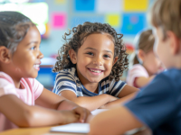  kids at a desk smiling